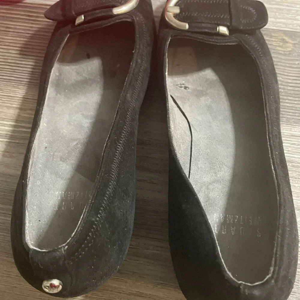 STUART WEITZMAN Womens Sz 7.5M Black Suede Wedge‎ Heel Shoes Silver Buckle - Picture 10 of 15